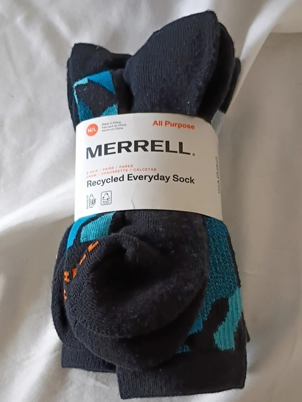 NWT Merrell All Purpose Repreve Recycled Everyday Sock 3 Pair Mens Sz M/L 9-12